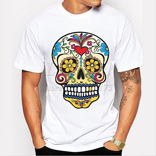 Mens Short Sleeve Gold Tooth Floral Sugar Skull T-shirt