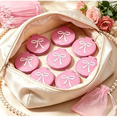 It Girl 1 Pc Pink Bow Mini Pocket Mirror Set – Compact Round Foldable Makeup Mirror with Storage Pouch - image 2