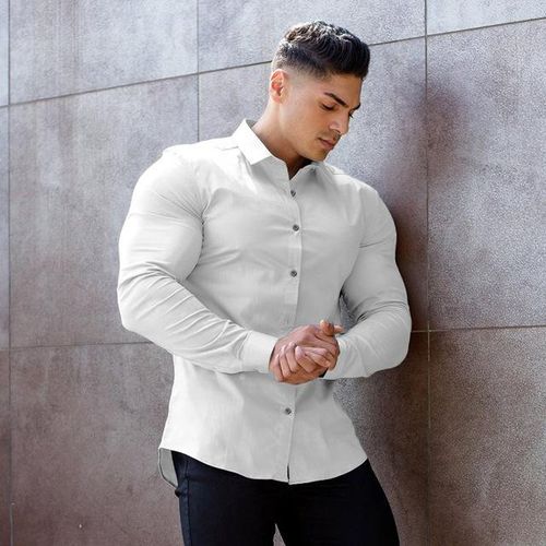 Men Long Sleeve Solid Formal Business Shirt Slim Fit Dress Shirts Social  Turn-Down Collar Top Gray at  Men's Clothing store