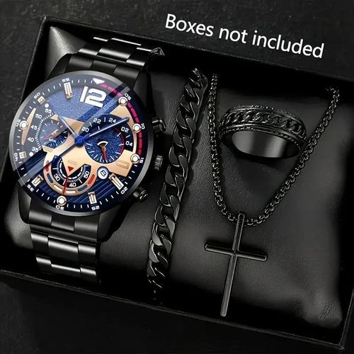 product_image_name-Fashion-4Pcs/Set Hommes quartz montre ensemble, bracelet en acier inoxydable montre série - noir-1
