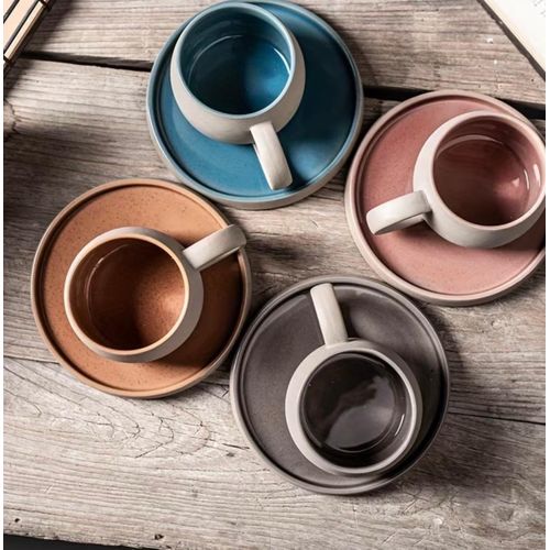 Clo 1Set Retro Colorblock Ceramic Coffee Mugs with Dish - Perfect for Breakfast, Summer Drinks