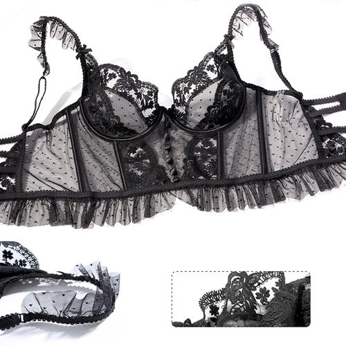 Women Fancy Underwear Lingerie Set Sexy Bra Brief Sets Push up Transparent  Lace Embroidery Unlined Thin Black Bra Panties