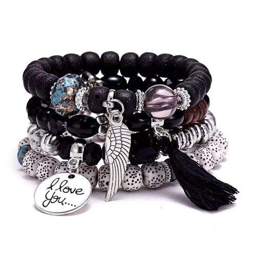 Fashion Women's 4-Piece Boho Stackable Bracelet Set - Black Bodhi Style Beaded Stretch Bracelets