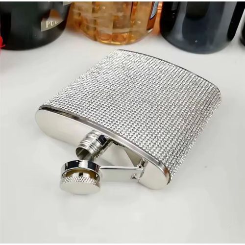 Generic Luxury Silver Rhinestone Stainless Steel Hip Flask – 6oz Portable Alcohol Flask - image 2