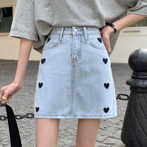 Knee length embroidered denim skirt new arrivals