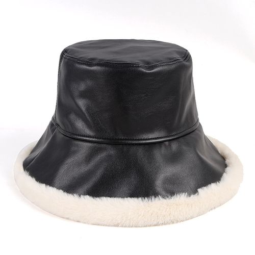 Fashion （Black）Black Leather Bucket Hat Women Winter 2021 Autumn