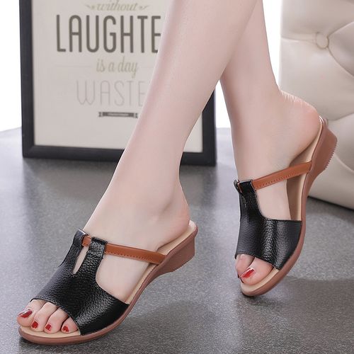 Flangesio Women's Shoes Low Heeled Sandals Hospital Nurse Wedges Shoes  Woman Slippers Soft Full Grain Leather Sandals Comfort Work Shoes Elegant Ladies  Shoes Rubber Sole Anti-slip Causal Shoes Black