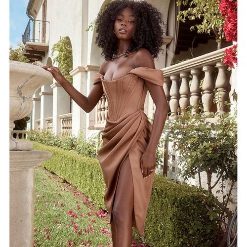 Fashion Josiaoprah Off Shoulder Sexy Split Corset Satin Dress Fashion  Summer Strapless Bodycon Dress Women Party Night Club Dress Brown