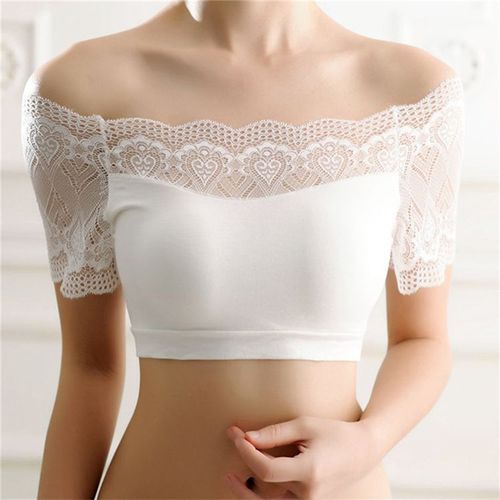 Fashion (White Short)Women Top Lace Off Shoulder Crop Tees With Bra Short  Sleeve Female Lace Tee Mature Lace Comfortable Breathable Tops RA