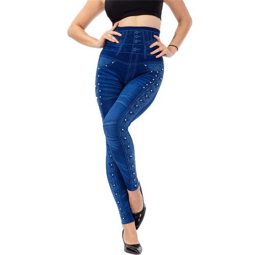 Generic Plus Size 3XL High Waist Faux Denim Jean Leggings Slim Elastic  Seamless Skinny Pencil Pant Female Workout Running Leggings(#02blue)