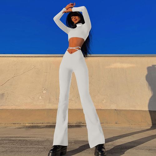 Fashion （white）Sweatpants Women Pleated Flare Pant High Waist Biker Trousers  Sportwear Stacked Joggers Bell Bottom Pants Ladies Pencil Leggings WJu