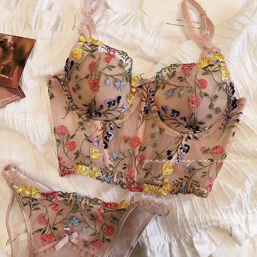Generic 6 Breasted Extended Embroidered Bra And Panty Set Floral Lace Women  Underwear Sexy Female Thin Cotton Cup Push Up Lingerie Suit(#Beige)