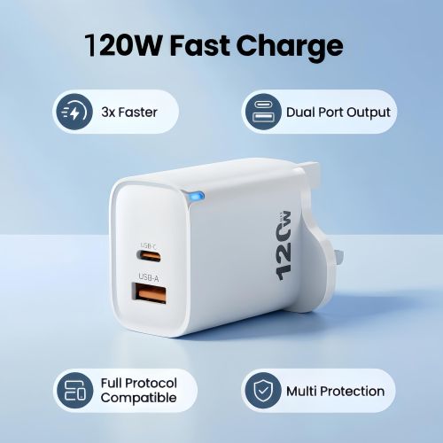 Generic 120W Fast Charger PD USB C + USB A Dual Port Wall Charger For iPhone Samsung Android - image 2