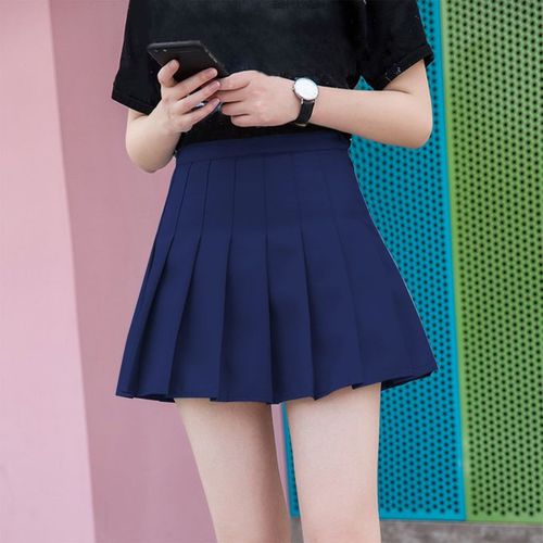 Fashion Plain Pleated Skirt Tennis Uniform High Waisted With Navy