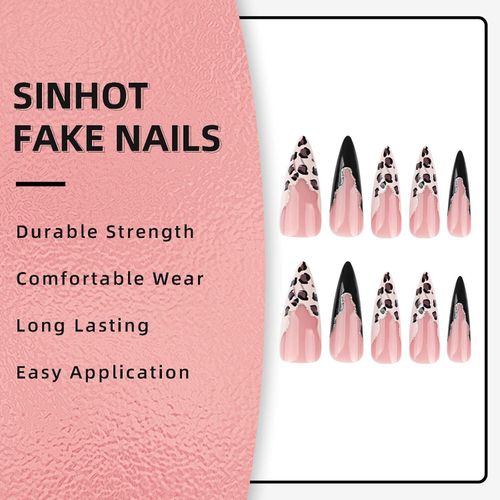 product_image_name-Avsty-Stiletto Press on Nails Long False Nails Glossy Glue on Nails Leopard Print Acrylic Nails Gold Glitter Nails Black French Tip False Nails with Design 24 pcs-4