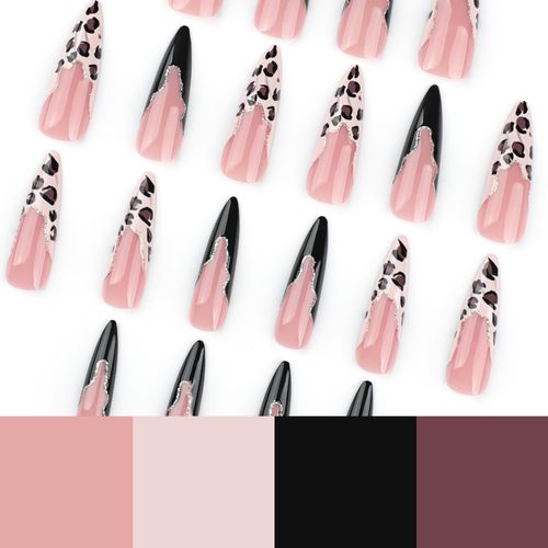 product_image_name-Avsty-Stiletto Press on Nails Long False Nails Glossy Glue on Nails Leopard Print Acrylic Nails Gold Glitter Nails Black French Tip False Nails with Design 24 pcs-5