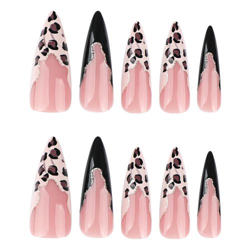 product_image_name-Avsty-Stiletto Press on Nails Long False Nails Glossy Glue on Nails Leopard Print Acrylic Nails Gold Glitter Nails Black French Tip False Nails with Design 24 pcs-6