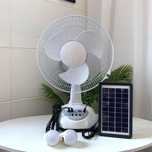Generic 12-inch AC/DC solar charging fan, 4-in-1 function, with solar panel, 2 LED bulbs and USB port