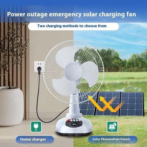 Generic 12-inch AC/DC solar charging fan, 4-in-1 function, with solar panel, 2 LED bulbs and USB port - image 2
