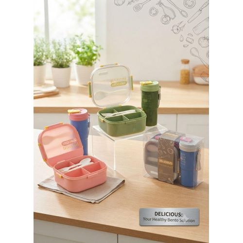 Generic Bento Lunch Box with Water Bottle & Cutlery Set – 4 Compartments