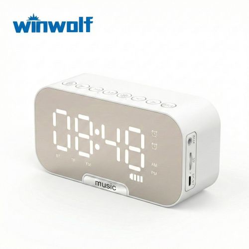 Winwolf Bluetooth Speaker Alarm Clock with LED Mirror Display FM Radio - White