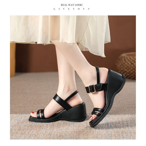 Fashion Open Toes Wedge Heels Sandals-Black