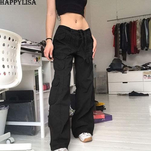 Fashion (Black)Women Cargo Pants Low Waist Girls Loose Baggy Pockets  Sweatpants Chic Streetwear Trousers Wide Leg Joggers Die Hose P01 DOU