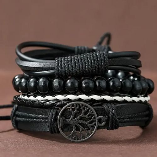 product_image_name-Fashion-Men's Vintage Multi-Layer Leather Bracelet Set - Tree of Life Charm -Adjustable Wristband-4
