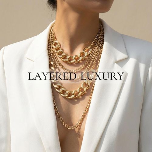 Fashion Women's Multi-Layer Chunky Gold Statement Necklace - Stacked Cuban Link Chain - image 2