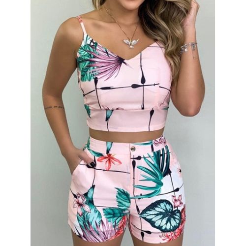 Fashion (Pink)Print Spaghetti Strap Crop Top & Short Sets Casual