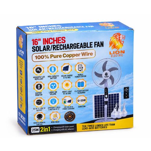 Generic Unique 16 Inches Solar Rechargeable Standing Fan 15000mAh With Solar Panel, Remote Control, LED Light & USB Output - image 2