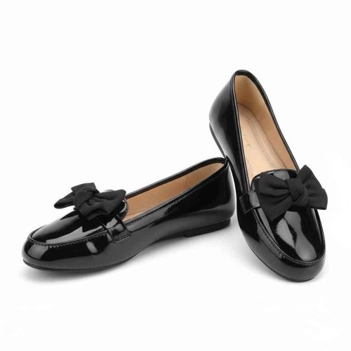 product_image_name-Looking Smart- Women’s Glossy Leather Flat Shoes – Elegant Black Bow Loafers (VB295)-2