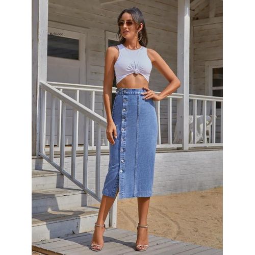 Fashion New Denim Skirt Button Irregular Slit Skirts High Waist