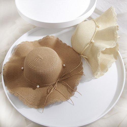 Fashion (54-58cm) Summer Female Wave Pattern Panama Sun Hats Visor Hat Big  Brim Folding Straw Hat Outdoor Beach Cap For Women UV Protection Hat