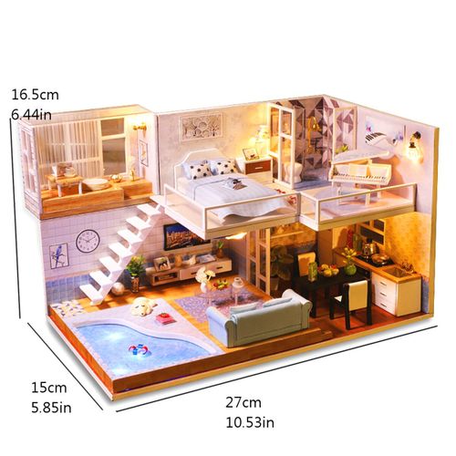 Beach Villa DIY Doll House Miniature Furniture Model Wooden Dollhouse With  LED Light