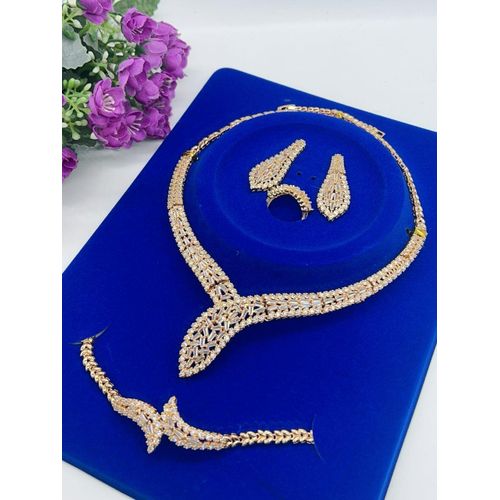 Longchain  Premium Classy Sophisticated Gold Diamond Iced Bracelet/Ear-ring/Ring & Necklace Set