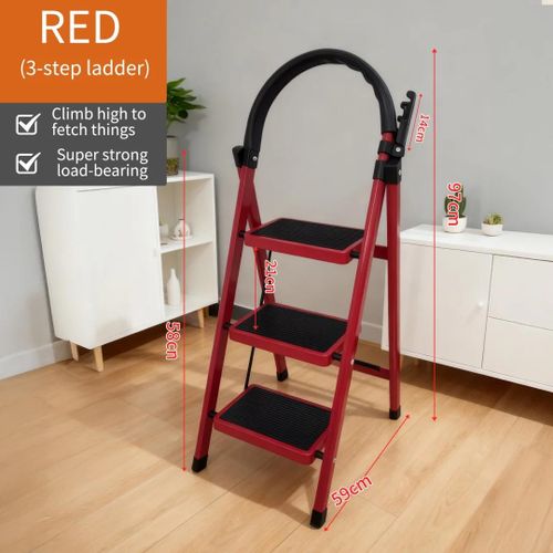 Generic 3 Steps Non-Slip Multi-Purpose Foldable Steel Ladder-Red - image 5