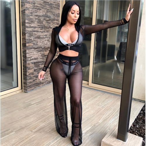 Fashion (Black)Two-piece Mesh Sets Women Sexy Swimsuit Cover-Ups Holiday  Beach Wear Long Sleeve Hooded Crop Tops+Long Pants Sheer Sets SMA