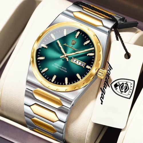 POEDAGAR Men's Two-Tone Silver & Gold Watch with Green Dial and Day-Date Display
