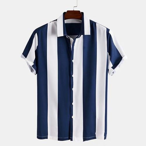 MURIOKI Men's Striped Lapel Hawaiian Short Sleeve Shirt - Blue/White ...