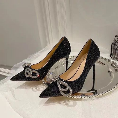Fashion Beautiful Elegant Shiny Rhinestone Bridal Wedding Stiletto Heels  -Black