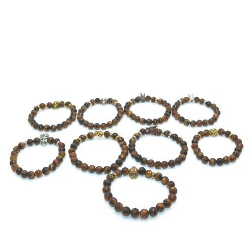 Generic Natural Crystal Tiger Eye Stone Beaded Bracelet Elastic Silver Crown - image 5