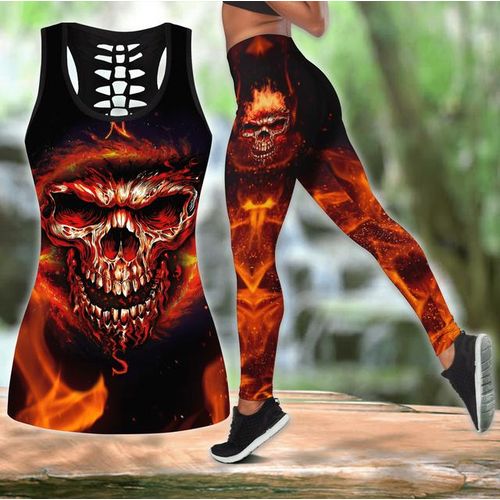 Generic Skull Combo Hollow Tank And Legging Outfit Print Yoga Set  Sleeveless Vest 6 Styles Summer Outfits For Women Plus Size Xs-8xl