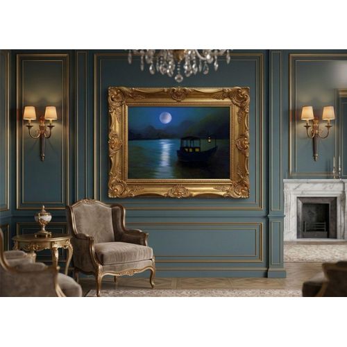 Generic Moonlit Boat on Serene River Wall Art(12 X 16inch) - Night Landscape with Full Moon - Digital Painting, Deep Blue & Gold Home Decor, Bedroom wall art, executive office decor, poetic seascape, tranquil office art, Serene home decor, peaceful night scenery. - image 3