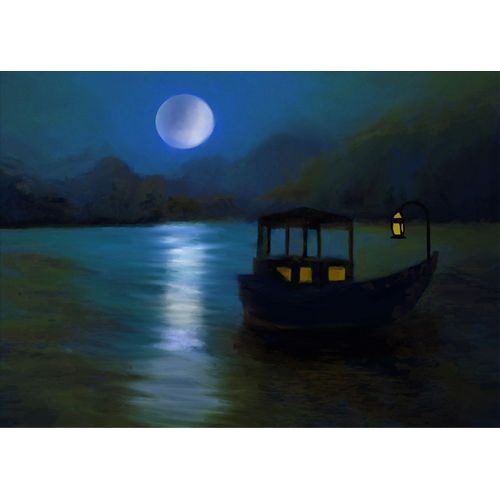 Generic Moonlit Boat on Serene River Wall Art(12 X 16inch) - Night Landscape with Full Moon - Digital Painting, Deep Blue & Gold Home Decor, Bedroom wall art, executive office decor, poetic seascape, tranquil office art, Serene home decor, peaceful night scenery. - image 4