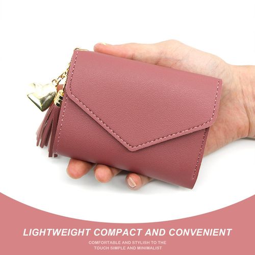 product_image_name-Fashion-Women’s Pink Short Trifold Wallet – Heart Charm, Tassel Accent, Envelope Magnetic Flap-1