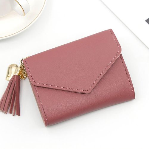 product_image_name-Fashion-Women’s Pink Short Trifold Wallet – Heart Charm, Tassel Accent, Envelope Magnetic Flap-2