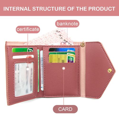 product_image_name-Fashion-Women’s Pink Short Trifold Wallet – Heart Charm, Tassel Accent, Envelope Magnetic Flap-3
