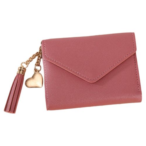 product_image_name-Fashion-Women’s Pink Short Trifold Wallet – Heart Charm, Tassel Accent, Envelope Magnetic Flap-4