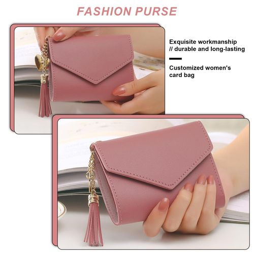 product_image_name-Fashion-Women’s Pink Short Trifold Wallet – Heart Charm, Tassel Accent, Envelope Magnetic Flap-5